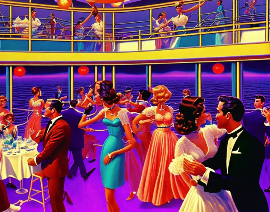 Colorful Retro-Style Party Illustration on Cruise Ship