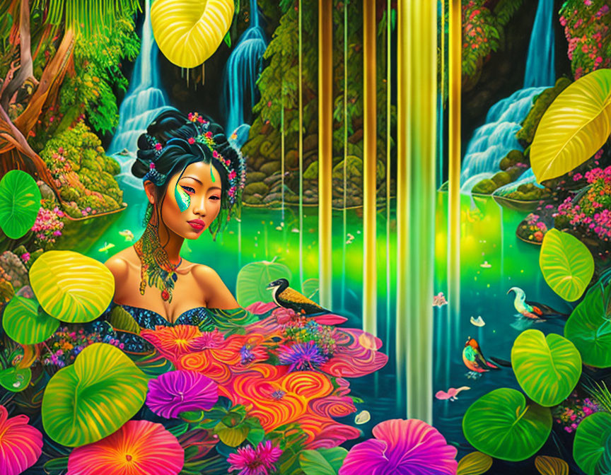 Vibrant fantasy garden with woman, waterfalls, flowers, bird.