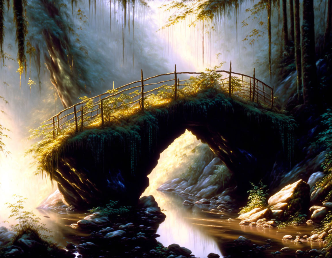 Moss-covered stone bridge over stream in serene forest