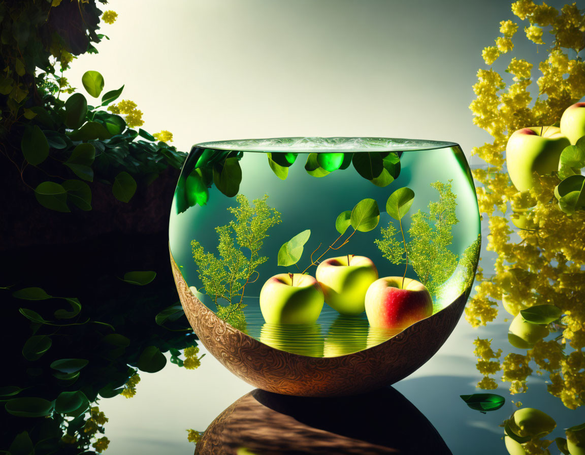 Round fishbowl with green apples, water, and yellow blossoms reflections