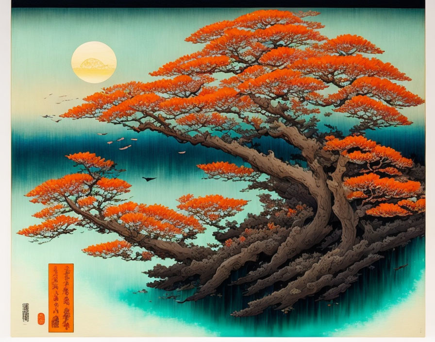 Traditional Japanese Artwork: Expansive Tree, Orange Leaves, Birds, Sunset