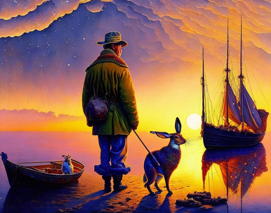 Man and rabbit by shore at sunset with boat, cat, and sailing ship.