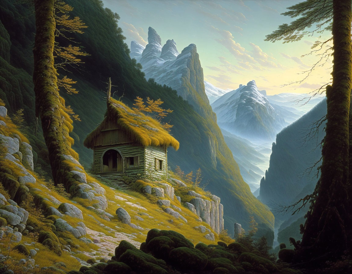 Tranquil landscape: cabin, trees, misty valley, mountains