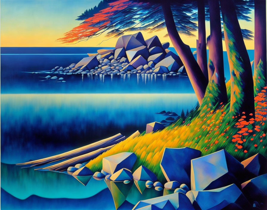 Colorful painting of lakeside with geometric rocks, greenery, and stylized trees under orange sky