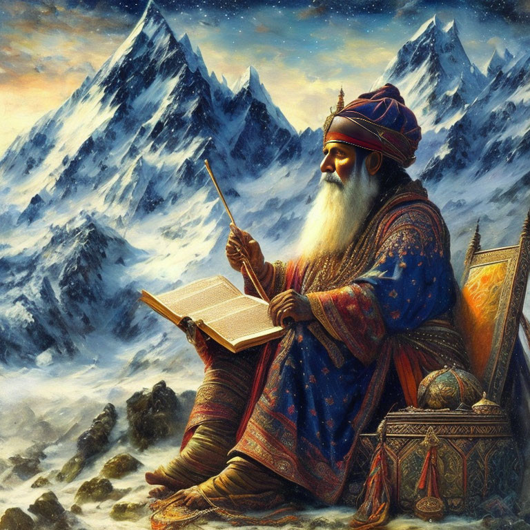 Elderly man in ornate robes writing against snowy mountain backdrop