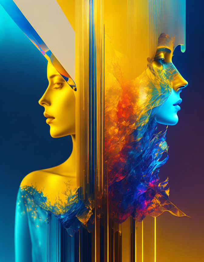 Colorful digital artwork of two female profiles merging with abstract patterns