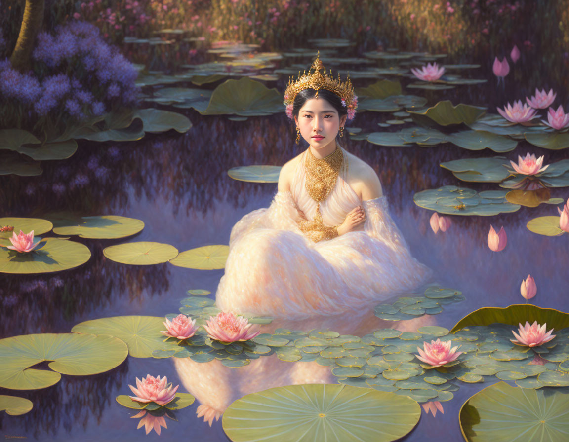 Traditional Attire Woman on Water Lily Pond at Dusk