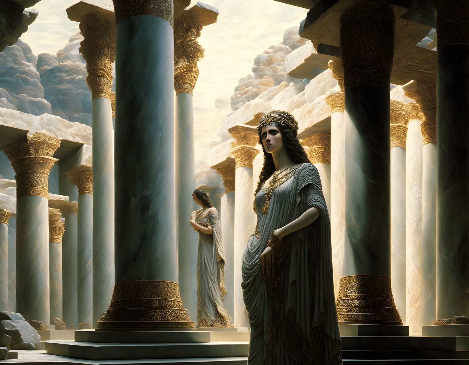 Two Women in Classical Robes Among Ornate Columns and Dramatic Clouds