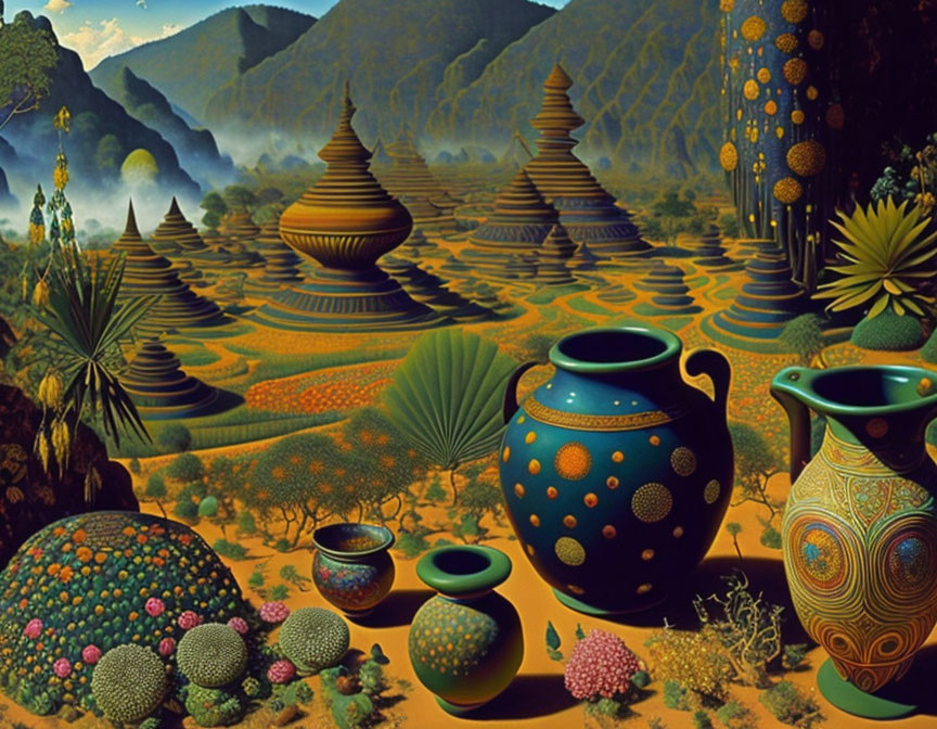 Surreal landscape with decorated pottery, undulating hills, and exotic plant-like structures