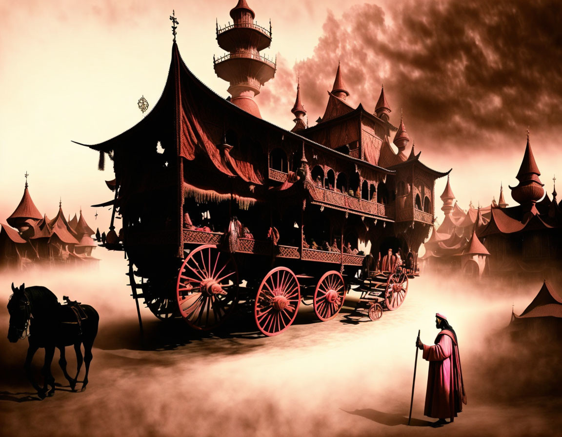 Robed figure in mystical scene with wagons and exotic architecture.