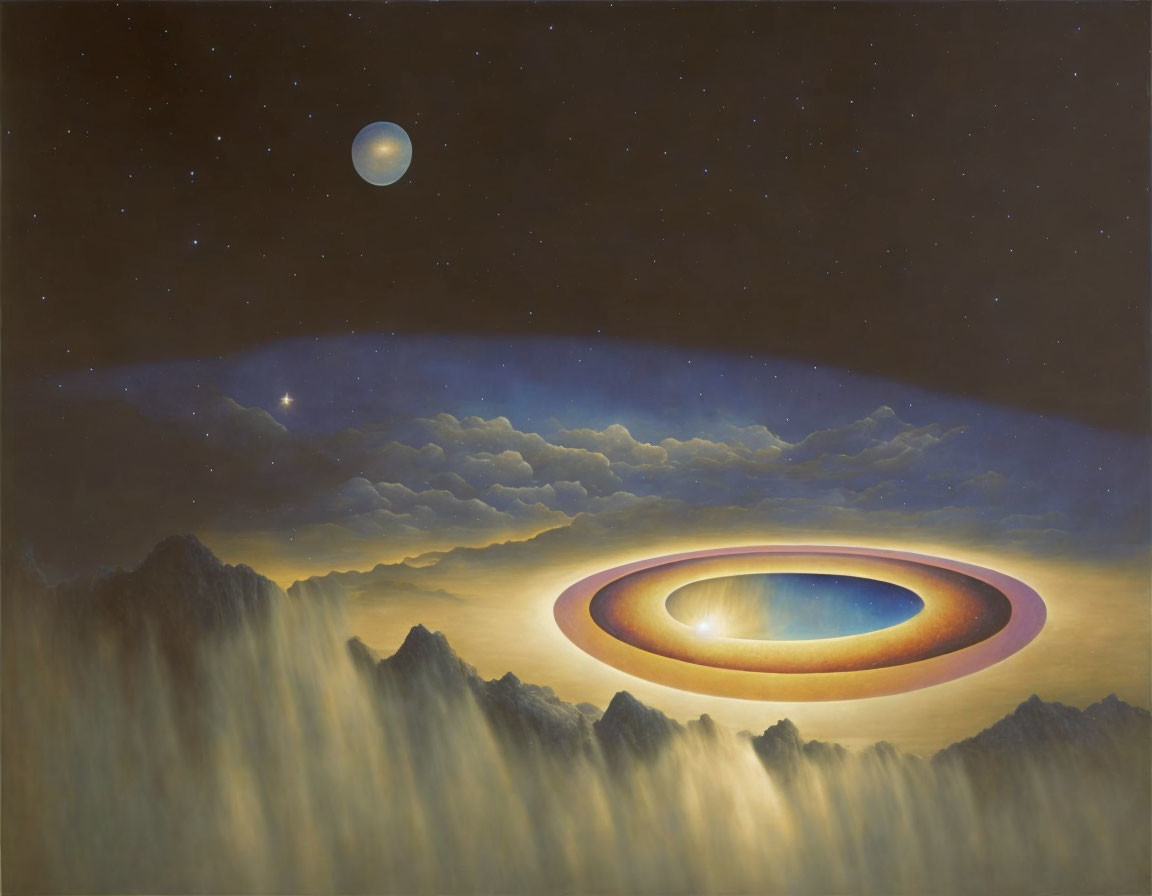 Surreal landscape with towering mountains and glowing ring above clouds