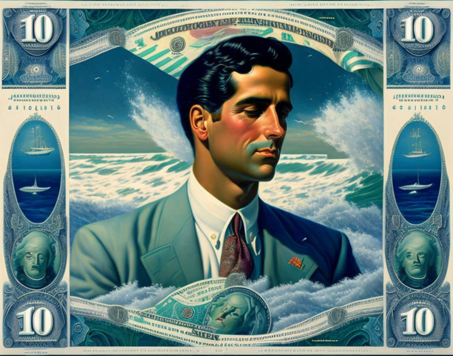 Man in profile with waves and sailboats on $10 bill background