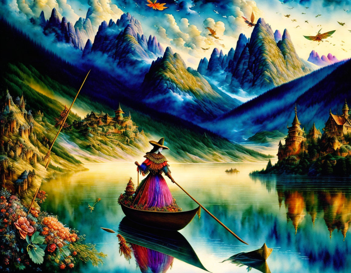 Colorful fantasy landscape with mountains, castles, lake, boat, birds, and sunset.