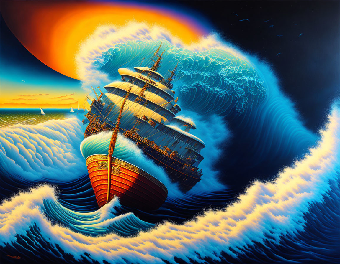 Colorful Tall Ship Painting with Ocean Waves, Sun, and Birds