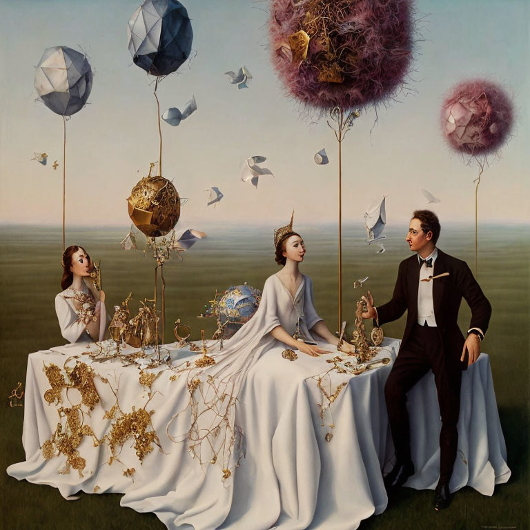 Surreal painting of three people at a golden table with floating shapes and birds