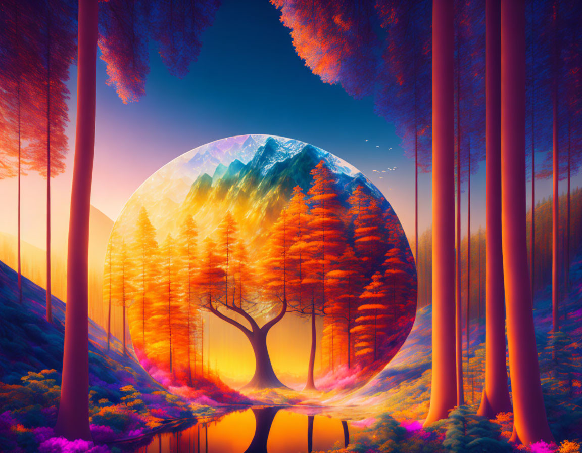 Vibrant trees, circular portal, sunset mountains in dreamlike forest