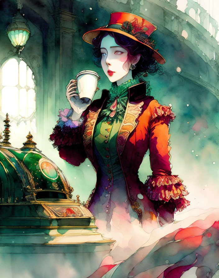 Victorian woman sipping tea in opulent setting with soft light