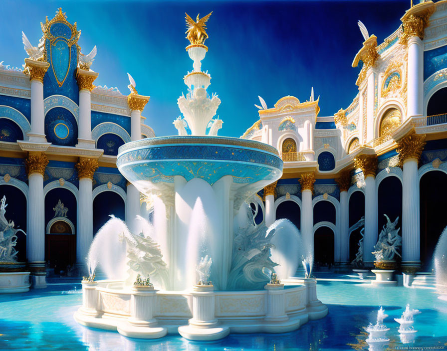 Luxurious Blue and Gold Fantasy Palace with Fountains, Statues, and Arches