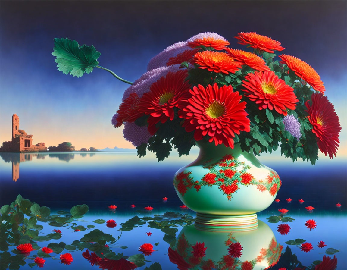 Colorful painting of vase with red and purple gerbera daisies by a lake.