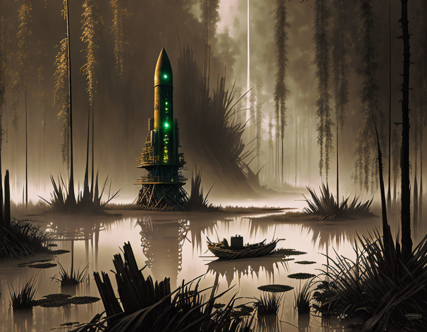 Rocket with Green Lights on Launch Pad in Misty Swamp