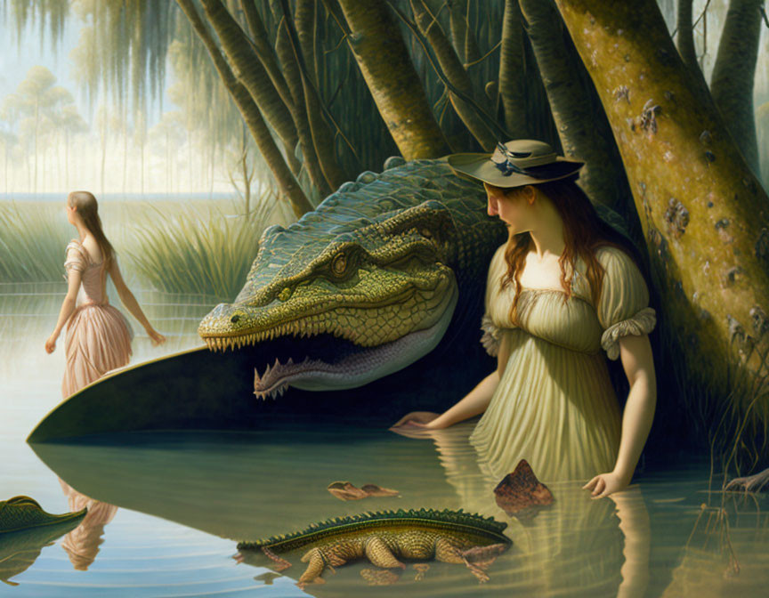 Vintage-clad woman with calm alligator in serene swamp landscape