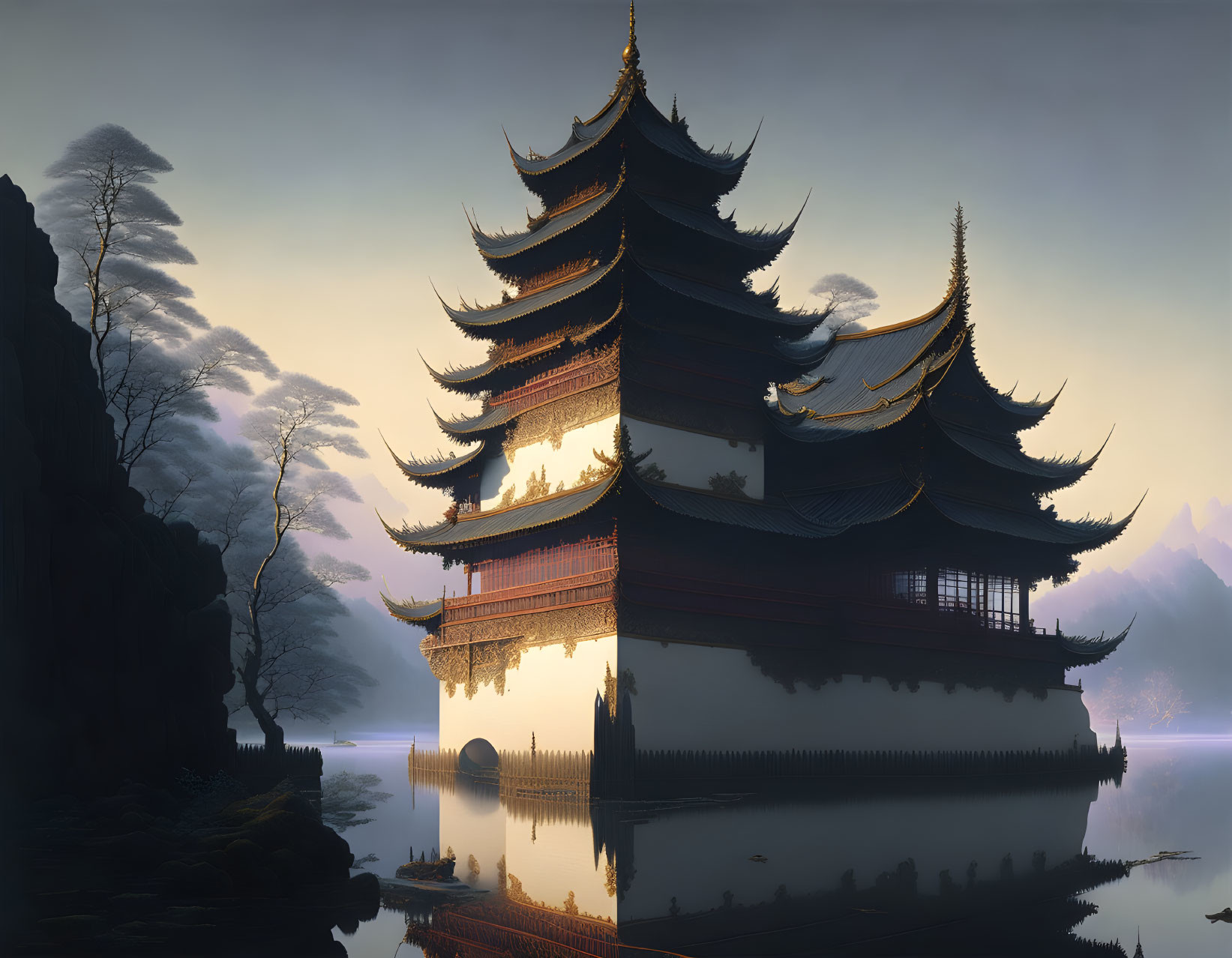 Tranquil digital art: traditional pagoda by lake, misty mountains, sunrise glow