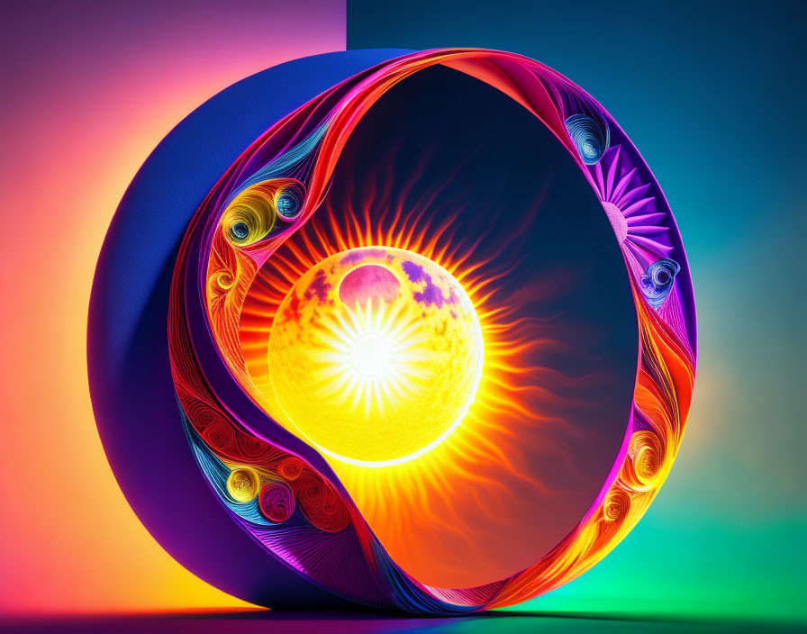 Colorful fractal art: Luminous orb in spiral structure on vibrant backdrop