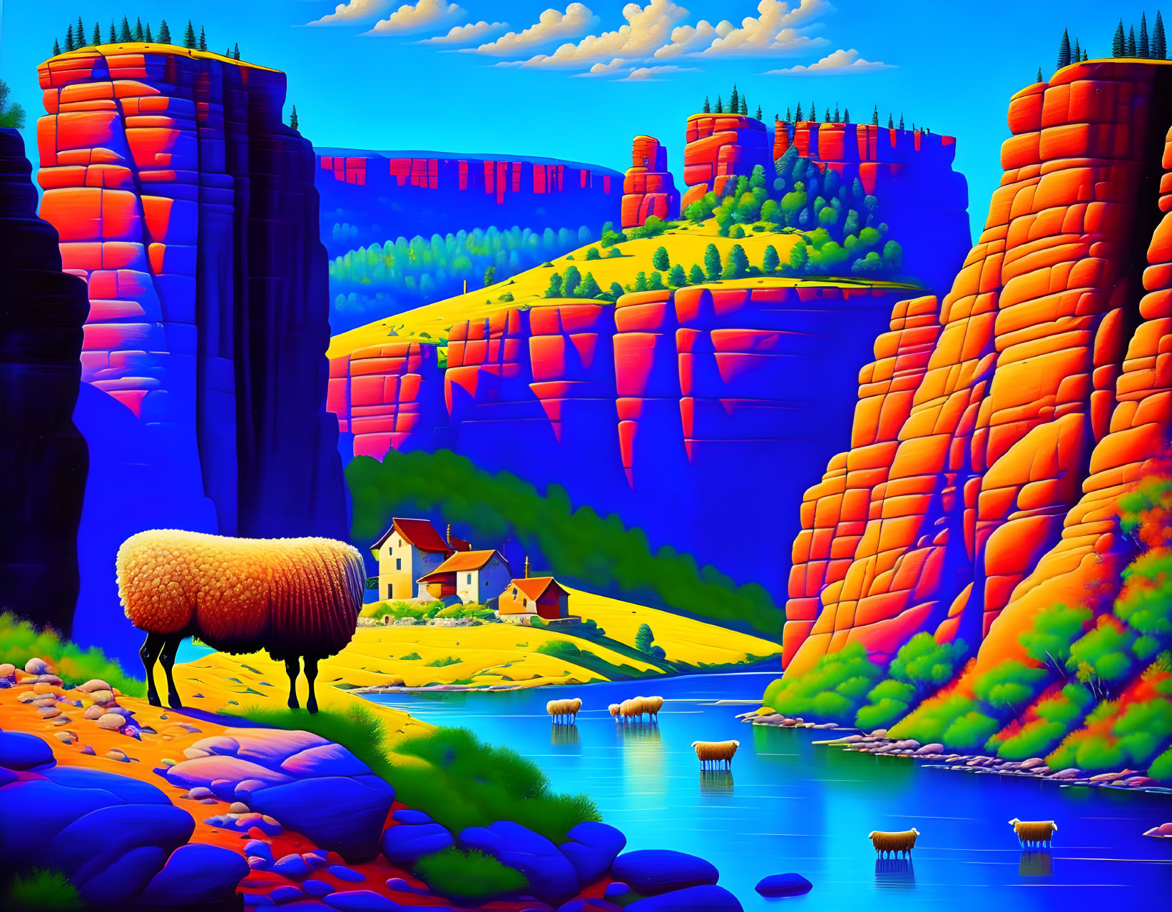 Colorful landscape with red rock formations, river, village, greenery, and sheep.