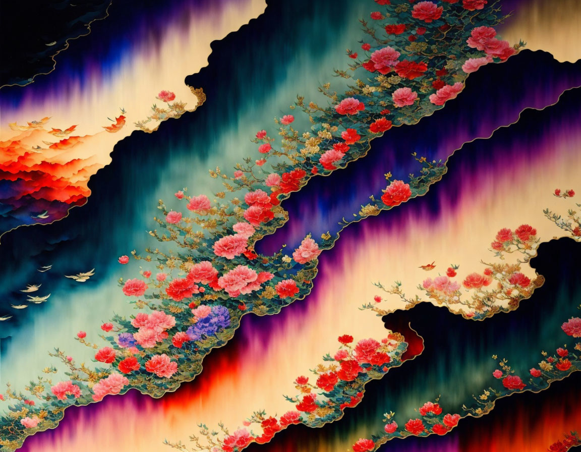 Colorful Artistic Image: Flowing Patterns, Cherry Blossoms, Birds