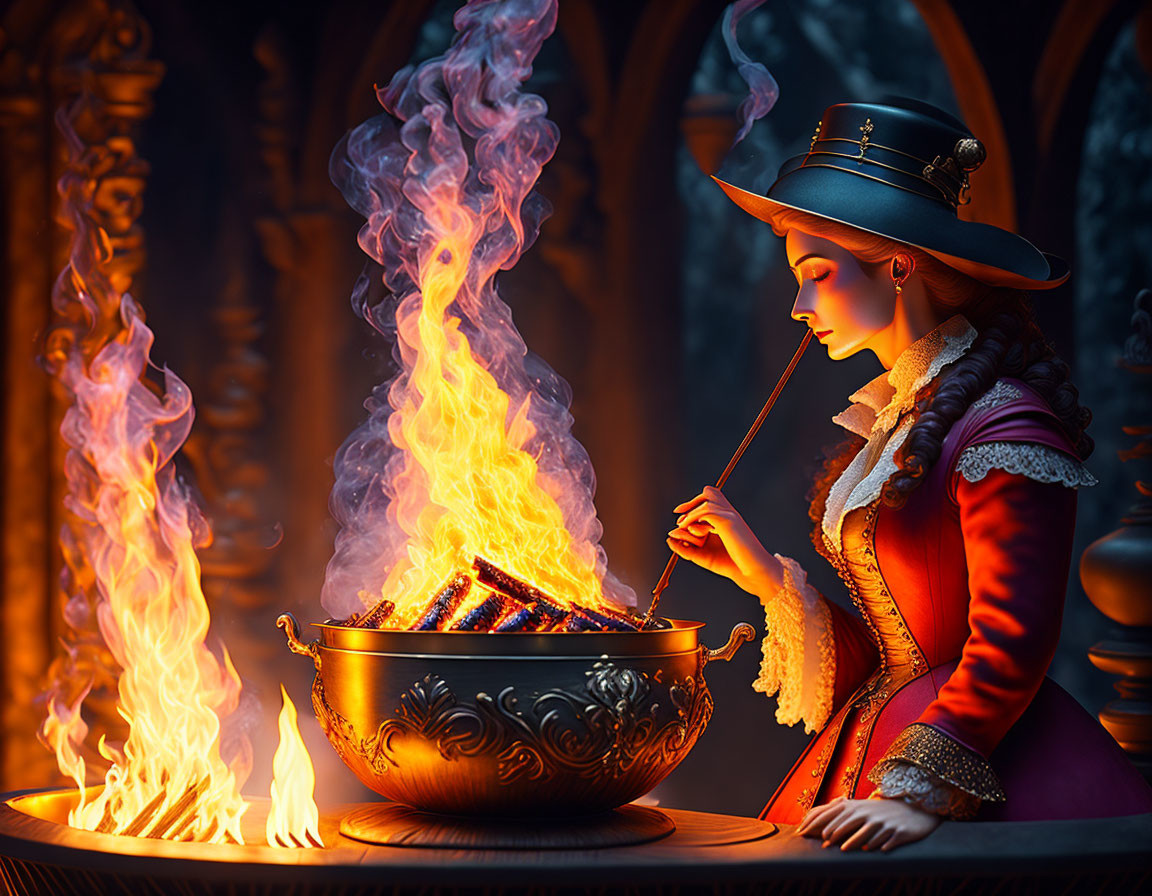 Woman in 17th-Century Attire Stirring Cauldron in Gothic Chamber