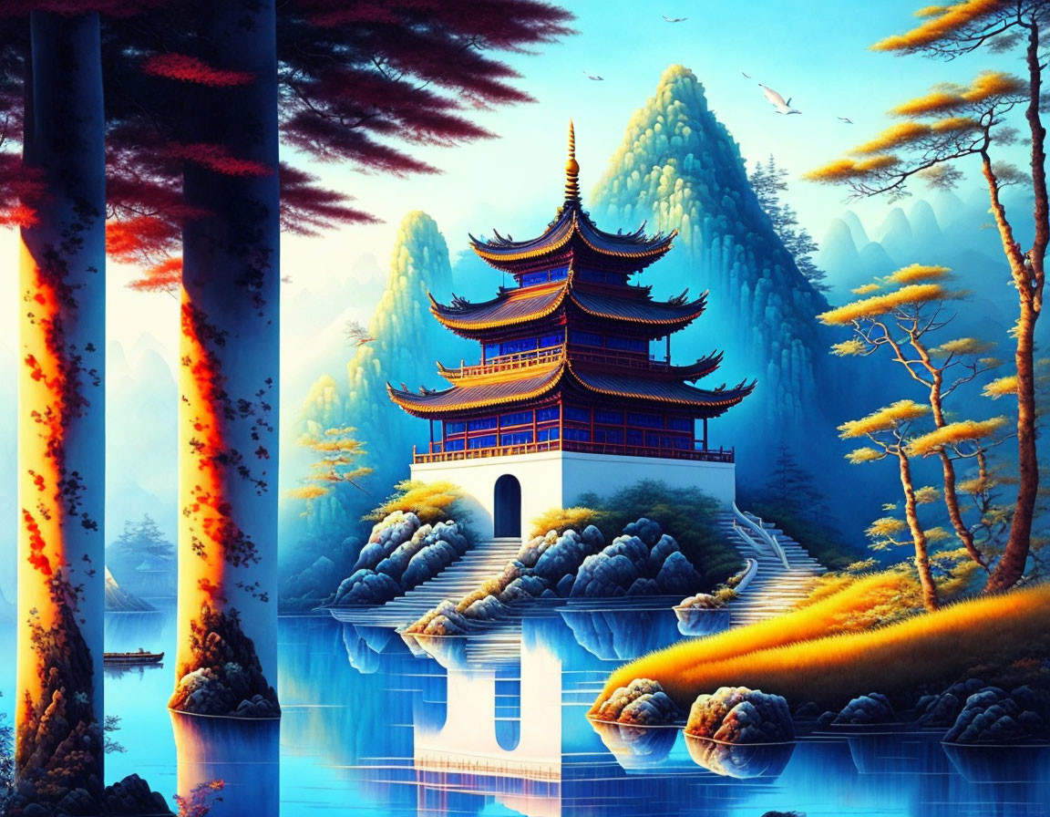 Digital artwork featuring traditional Asian pagoda in nature landscape