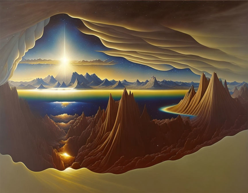 Surreal landscape featuring radiant star, mountains, valleys, clouds, and cosmic elements