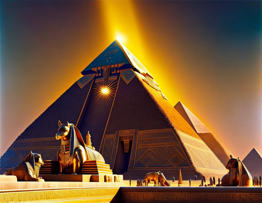 Illustration: Great Pyramid of Giza with Sphinx statues and sunbeam under golden sky