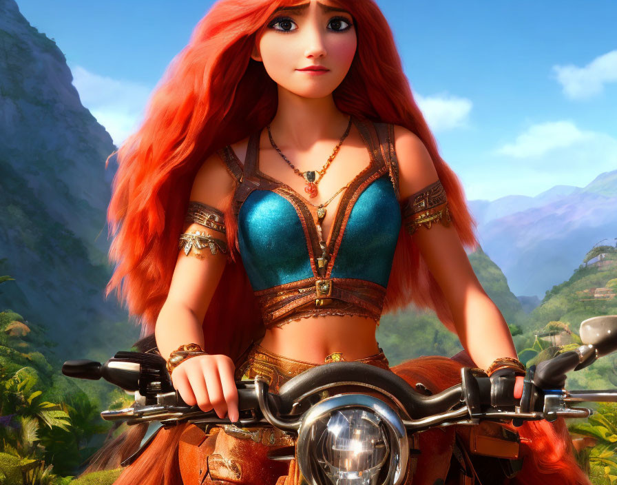 Red-haired animated character on motorcycle in blue top against lush green background