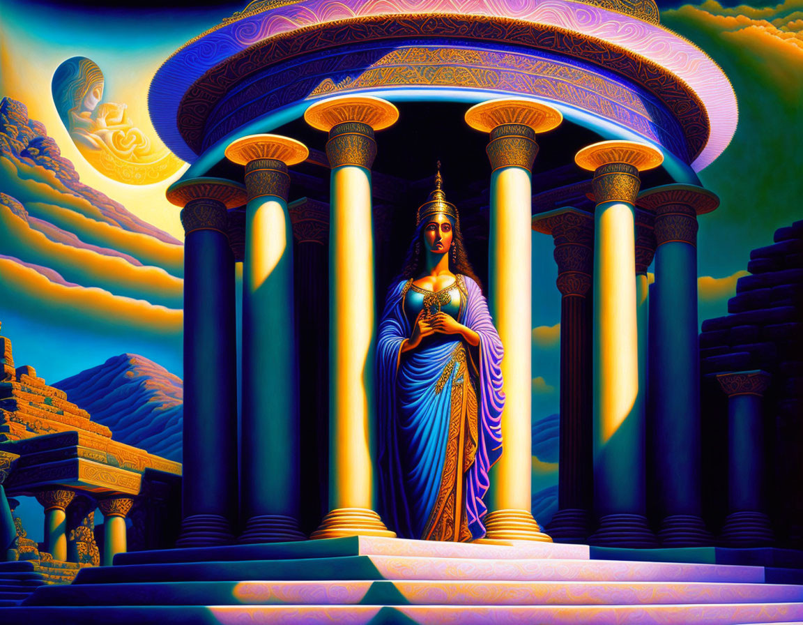 Woman in classical attire under temple colonnade in vibrant surreal landscape