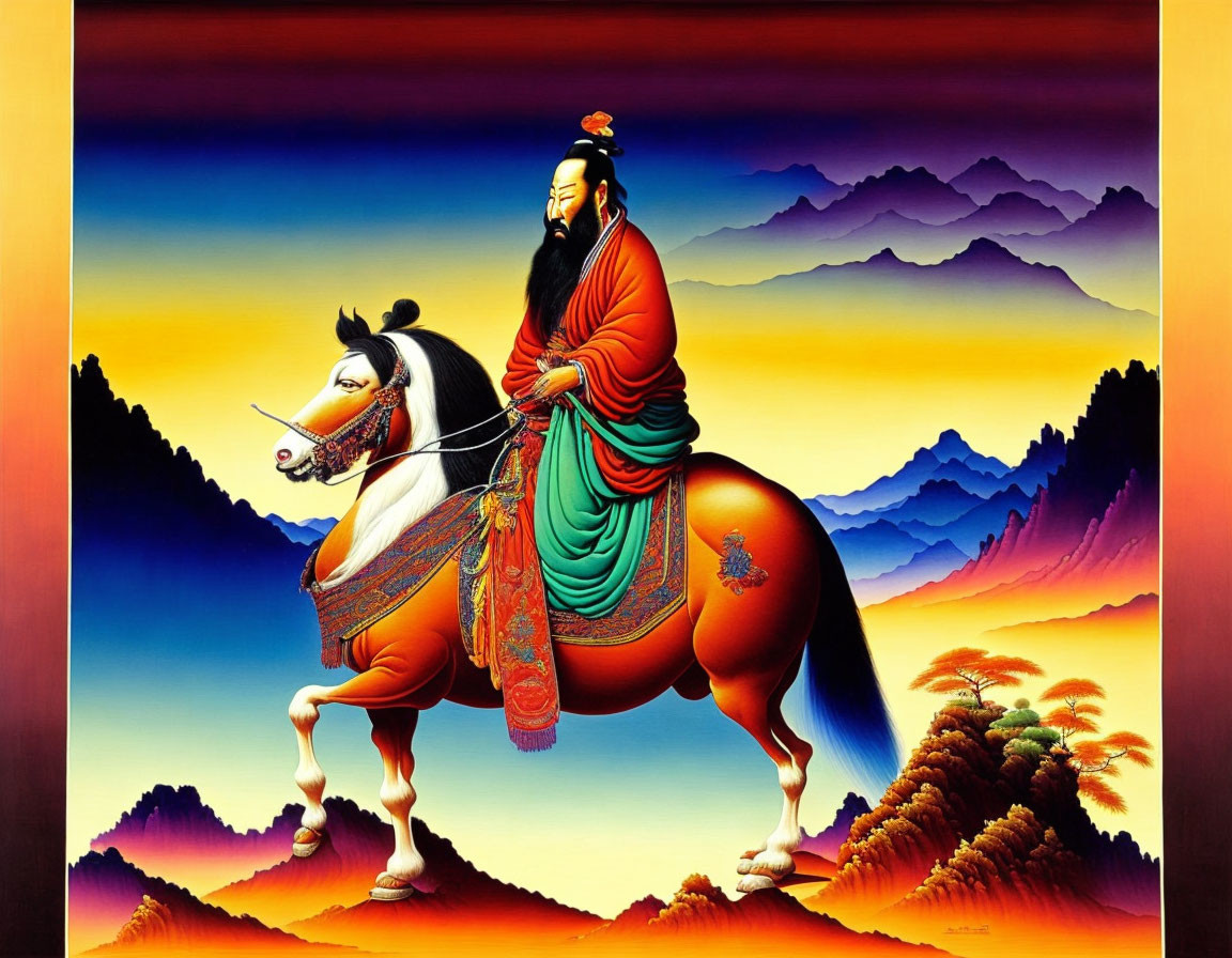 Regal figure in traditional robes riding a horse in vibrant landscape