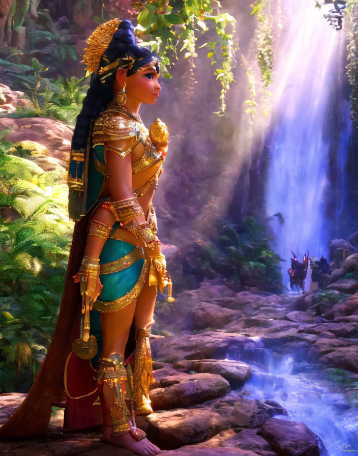 Golden-attired woman by waterfall in mystical forest