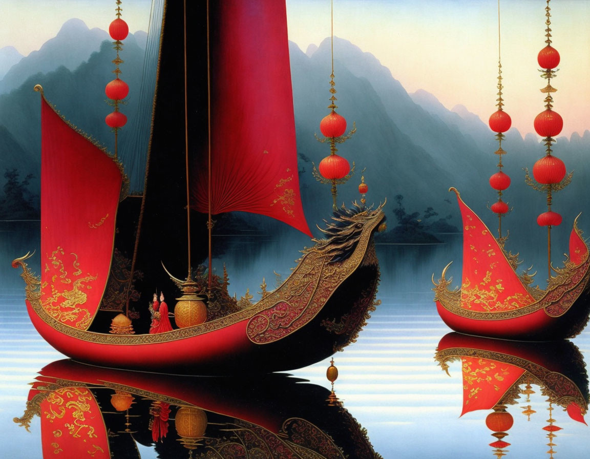 Ornate red and gold Asian-style boats with dragon designs on calm water and mountain backdrop