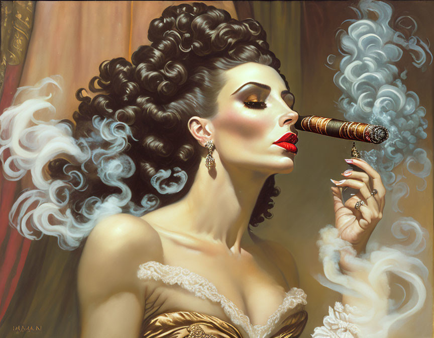 Elegant woman with voluminous hair and red lipstick smoking a cigar