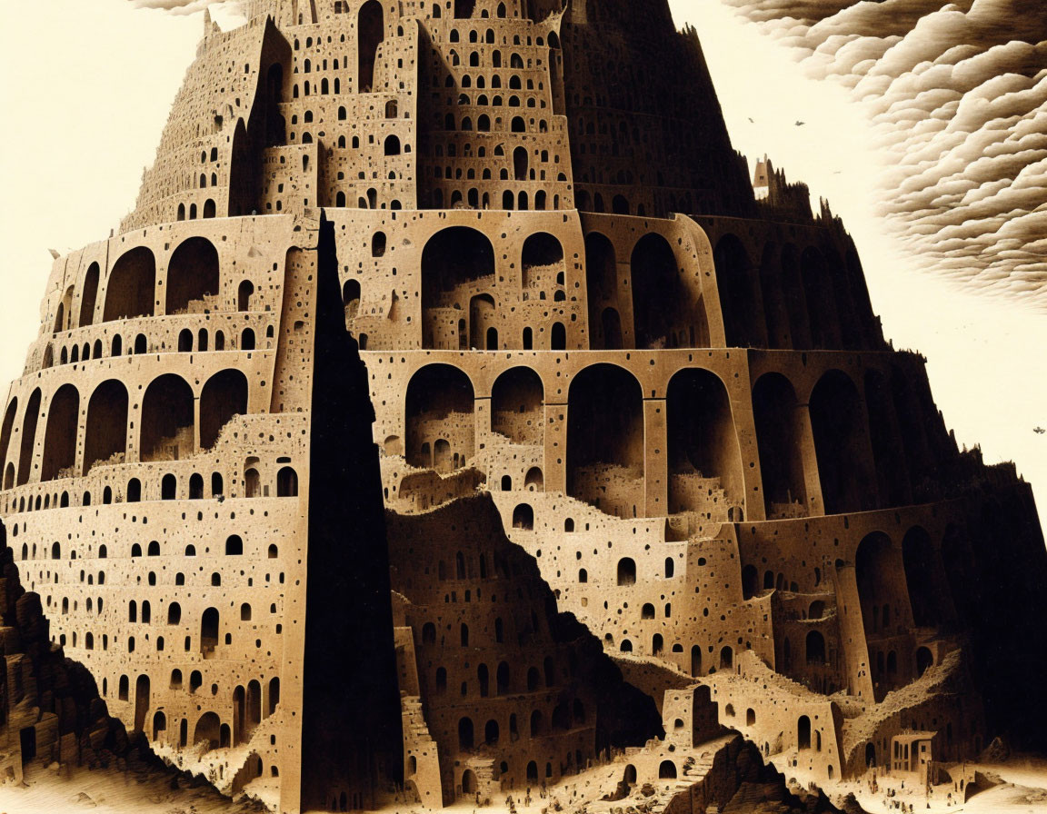 Surreal fortress-like architectural structure in desert landscape