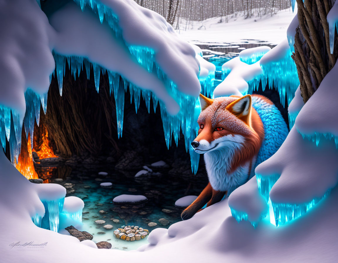 Red fox near icy cave with blueish hue, firelight in snowy landscape