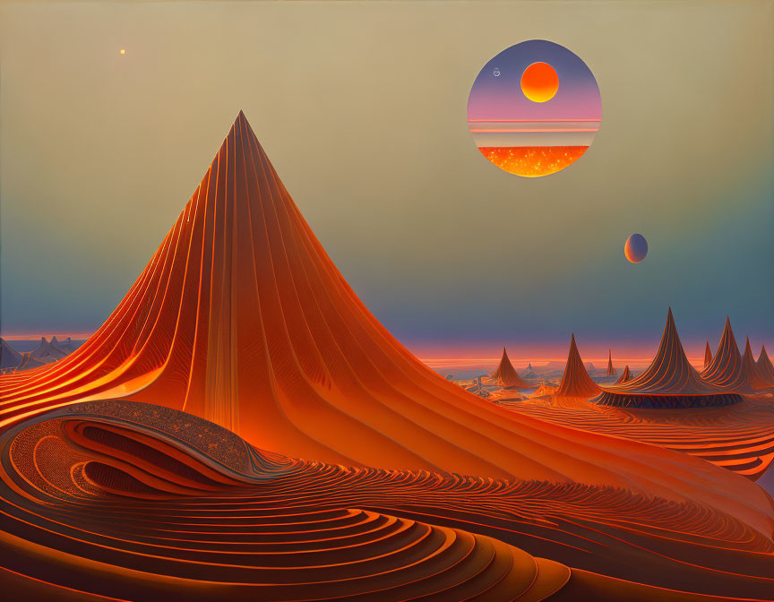 Surreal landscape: Smooth orange dunes, stylized peaks, celestial bodies