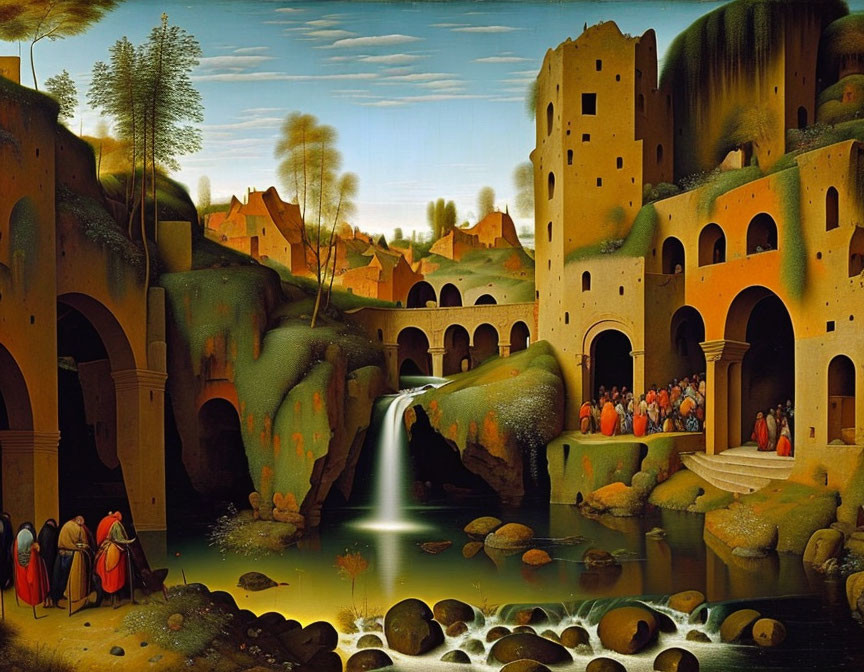 Renaissance painting of biblical scene with figures near waterfall