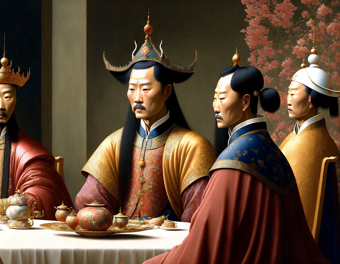 Three people in East Asian royal attire at ornate table with blossoming branches.