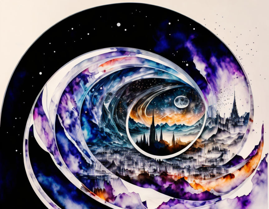 Abstract cosmic painting with spiraling forms and mystical landscape