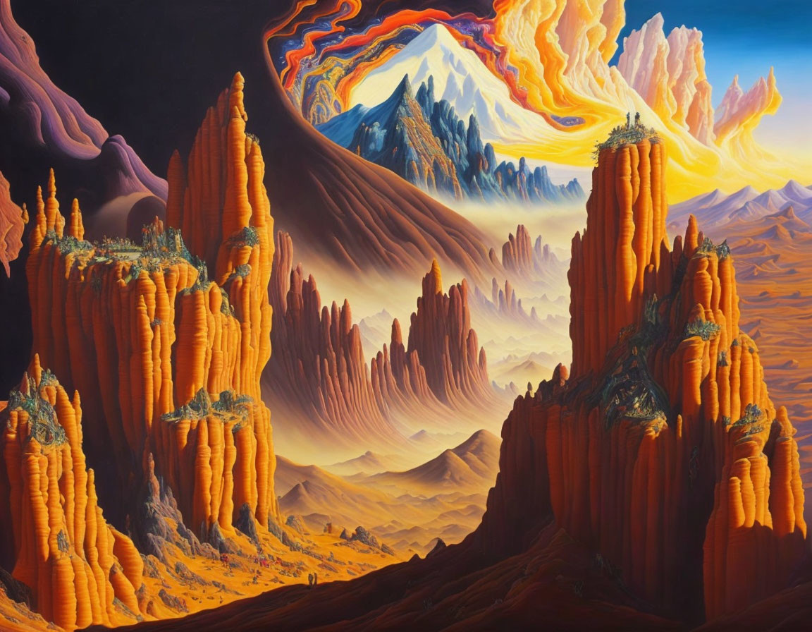 Surreal landscape with orange rock formations and swirling sky