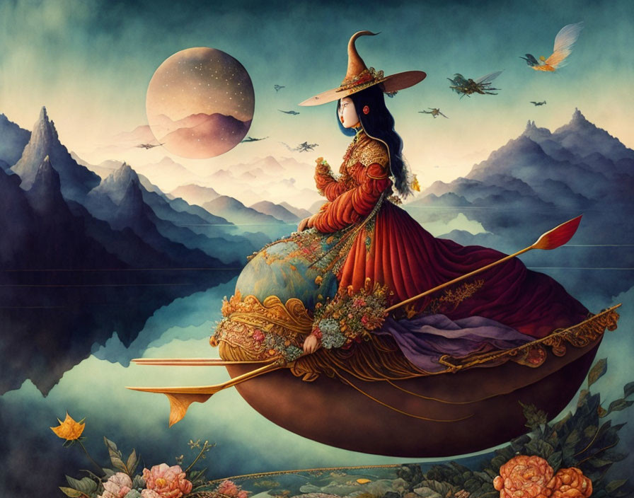 Illustration of woman in red dress and witch's hat flying on broom over moonlit mountains.