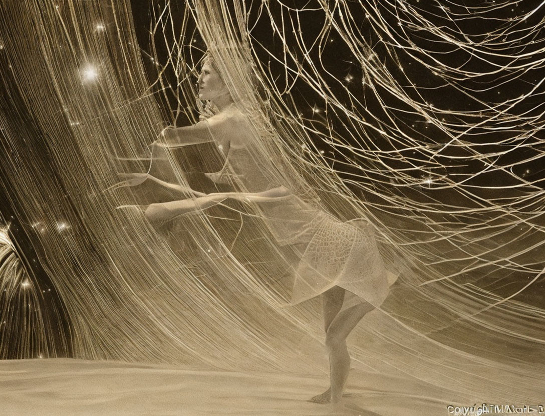 Sepia-toned ballet dancer mid-pose with dynamic light streaks.