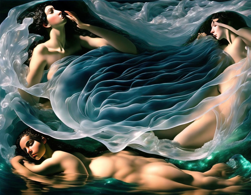 Three ethereal women in flowing dresses submerged in dark water