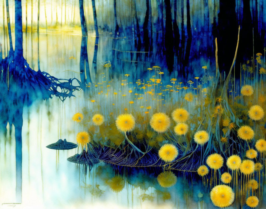 Blue-Toned Watercolor Painting of Yellow Flowers and Abstract Elements